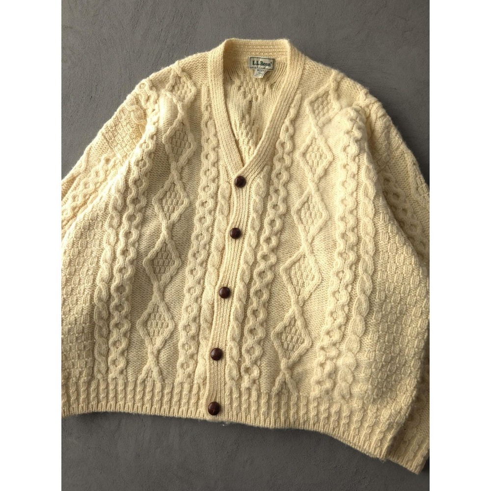 Vintage 1990s L.L. Bean Cable Knit Wool Heavyweight Cardigan Sweater XL Ireland - Picture 3 of 10